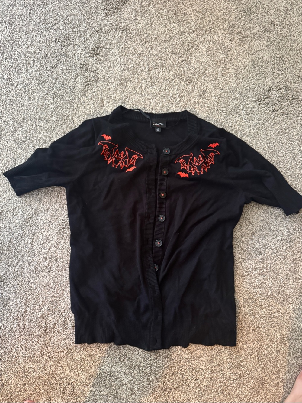 Retro Chic Black Cardigan with Red Bat Embroidery